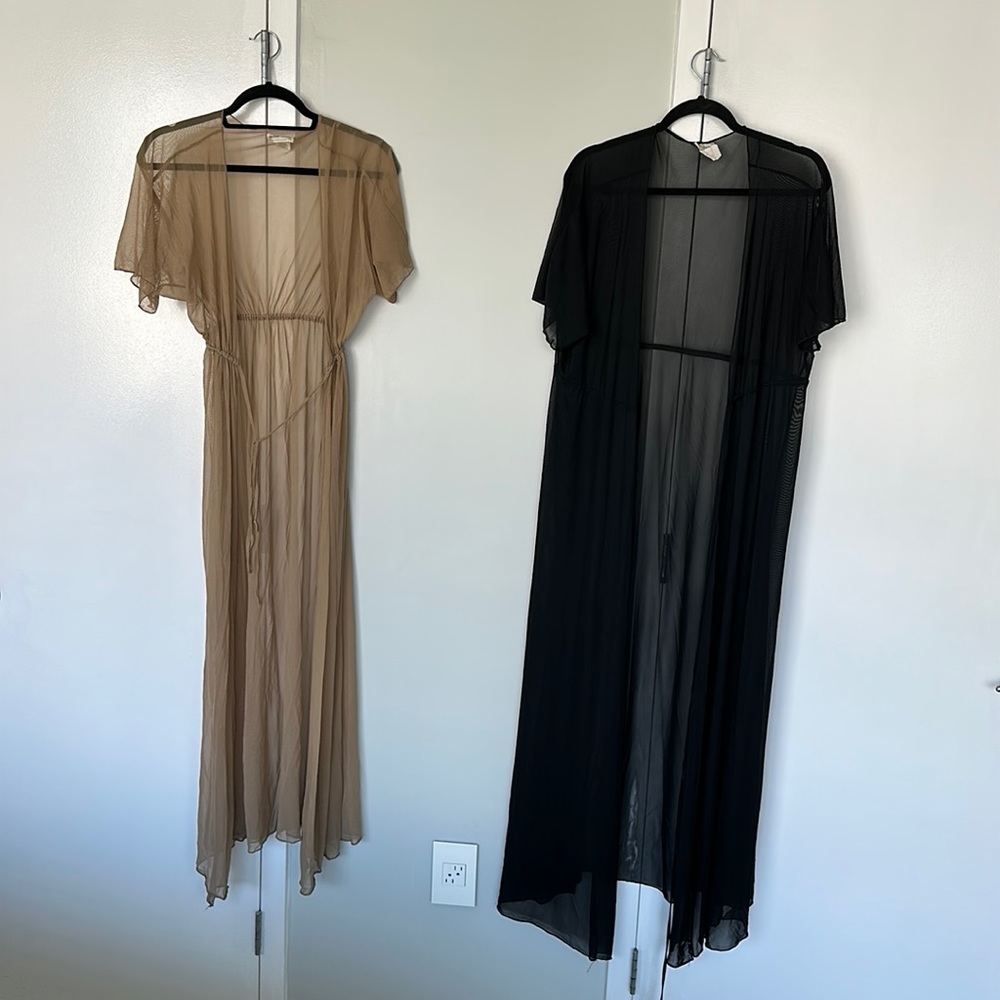 Tan & Black Full Length Sheer Robe / Swim Coverup
